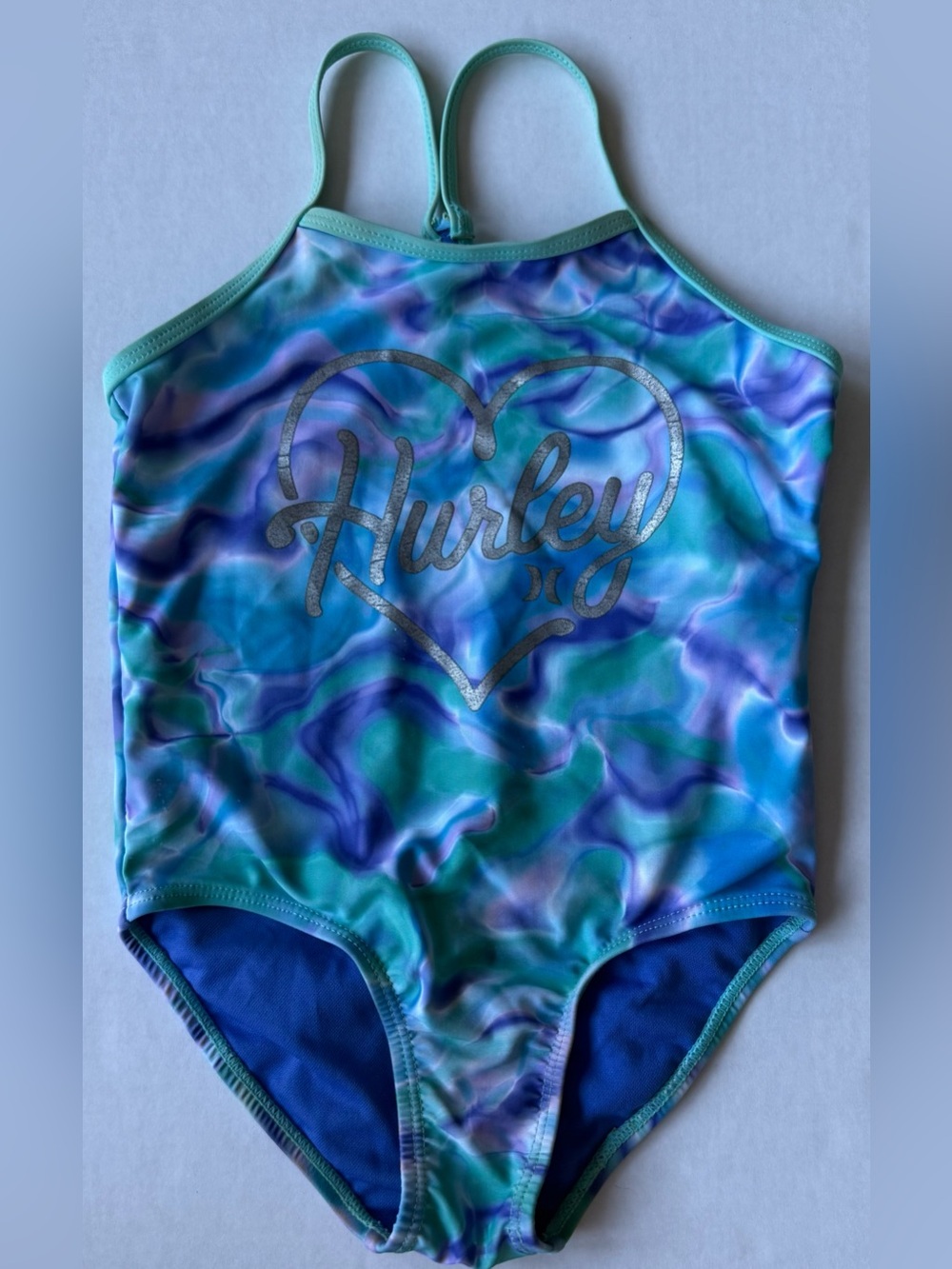 Hurley Girls One Piece Swimsuit Size 4 Blue Purple Watercolor Heart Logo